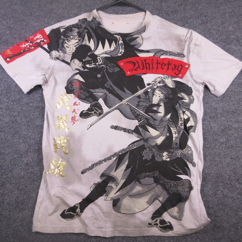 Y2K Whitetag Shirt Mens Large Gray Samurai Graphic T Shirt Tee Japanese Kanji
